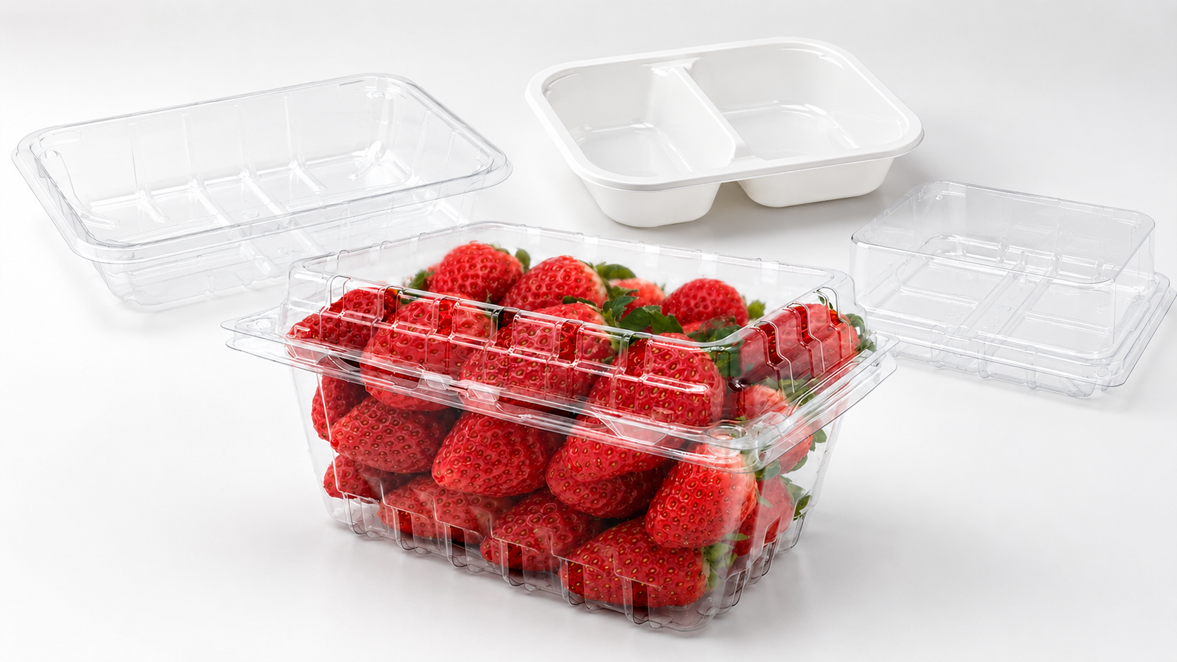 Multisteps PET and rPET food packaging including strawberry clamshell, protein tray, CPET ready meal tray and bakery pack
